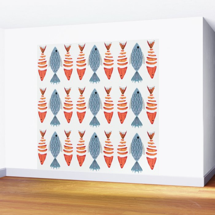 Silver Blue Orange Red Nautical Watercolor Fish Coastal Mediterranean Beach House Wall Mural Gallery Image 2