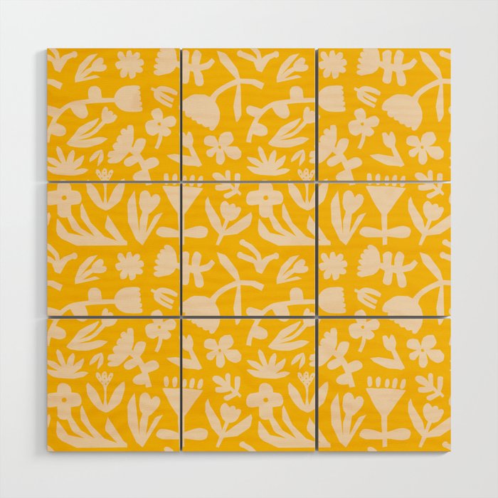 Yellow abstract flower art pattern Wood Wall Art Gallery Image 1