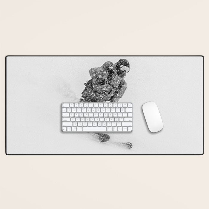 Ski Powder // Black and White Snowy Colorado Backcountry Skiing Whiteout Snowing Desk Mat Gallery Image 1