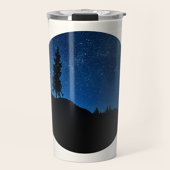 Mid Century Modern Round Circle Photo Blue Star Night Sky Pine Tree Silhouette Travel Mug Gallery Image 1