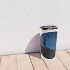 Mid Century Modern Round Circle Photo Blue Star Night Sky Pine Tree Silhouette Travel Mug Gallery Image 4