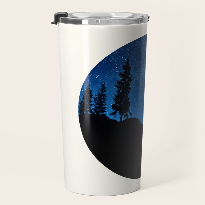 Mid Century Modern Round Circle Photo Blue Star Night Sky Pine Tree Silhouette Travel Mug Gallery Image 3