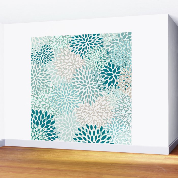 Floral Blooms in Teal, Aqua, Turquoise Wall Mural Gallery Image 2