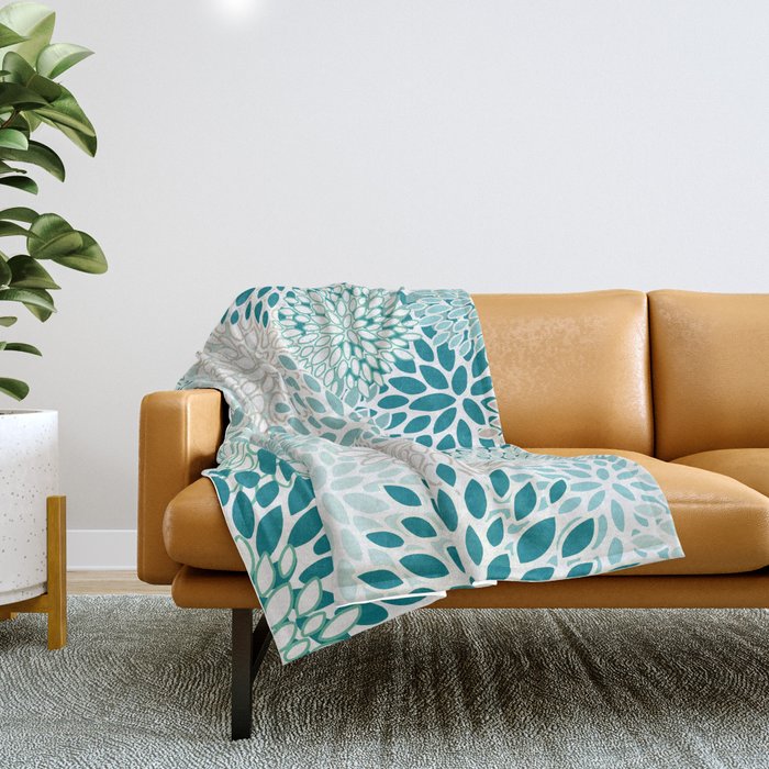 Floral Blooms in Teal, Aqua, Turquoise Throw Blanket Gallery Image 1