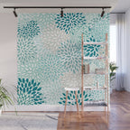 Floral Blooms in Teal, Aqua, Turquoise Wall Mural Gallery Image 1
