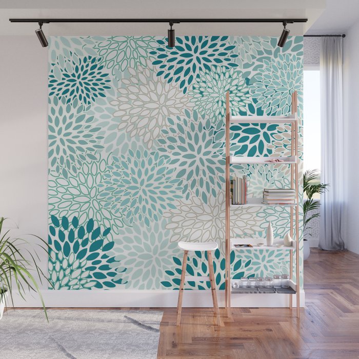 Floral Blooms in Teal, Aqua, Turquoise Wall Mural Gallery Image 1