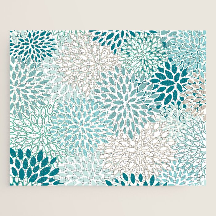 Floral Blooms in Teal, Aqua, Turquoise Jigsaw Puzzle Gallery Image 1