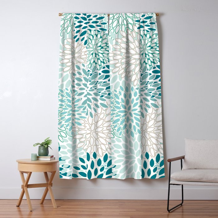 Floral Blooms in Teal, Aqua, Turquoise Window Curtain Gallery Image 5