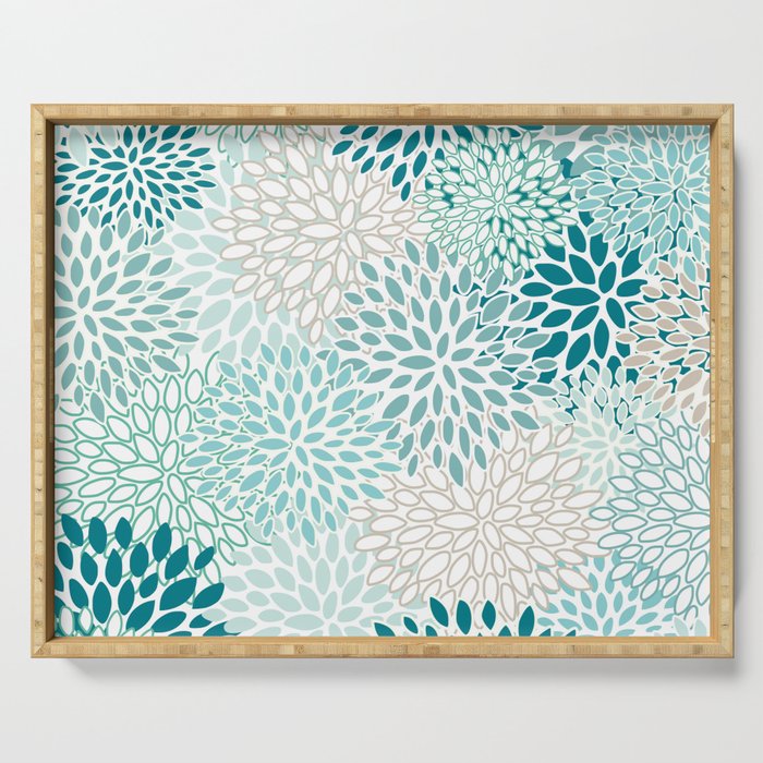 Floral Blooms in Teal, Aqua, Turquoise Serving Tray Gallery Image 1