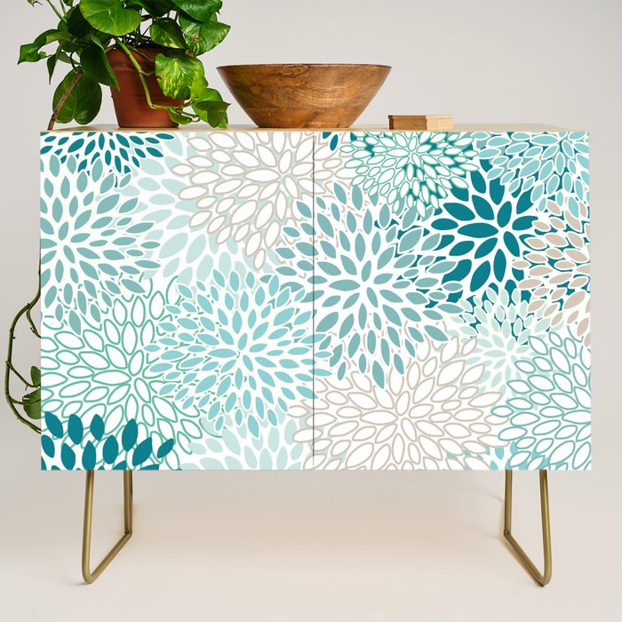 Floral Blooms in Teal, Aqua, Turquoise Credenza Gallery Image 1