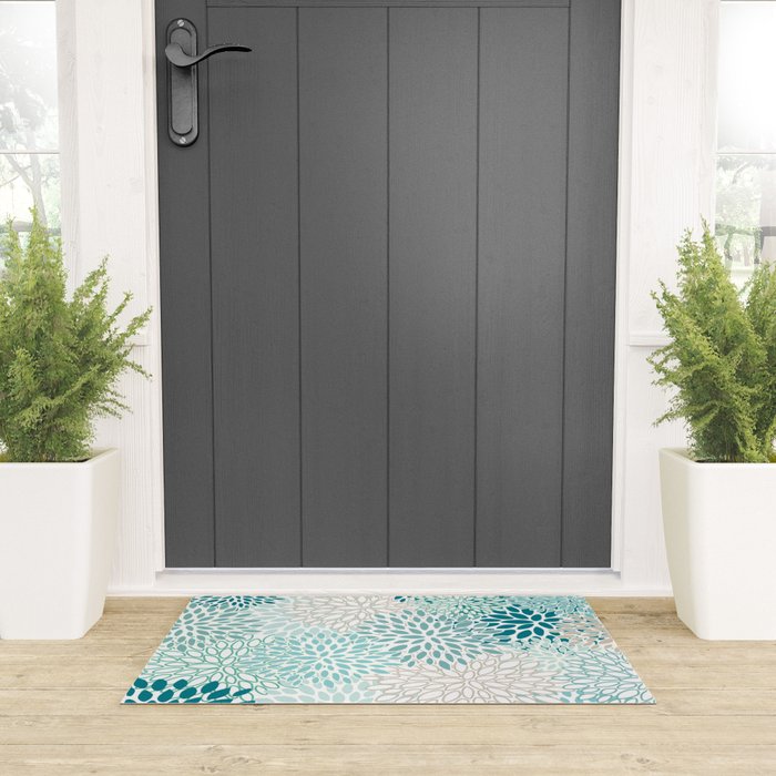 Floral Blooms in Teal, Aqua, Turquoise Welcome Mat Gallery Image 3