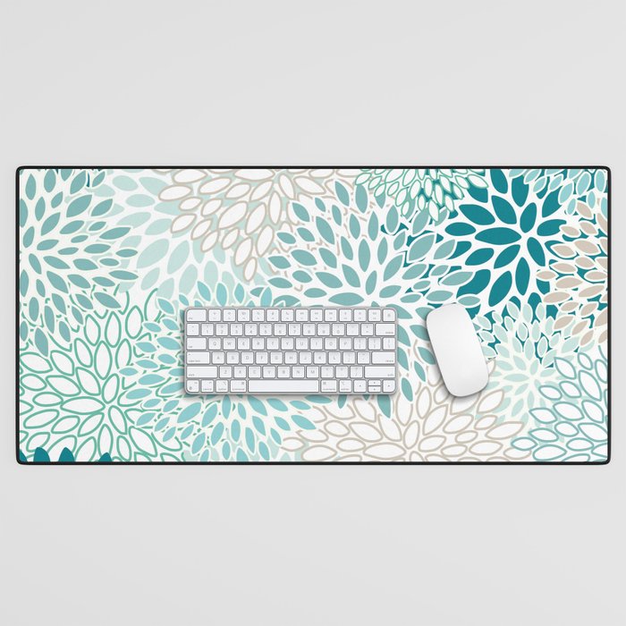 Floral Blooms in Teal, Aqua, Turquoise Desk Mat Gallery Image 1