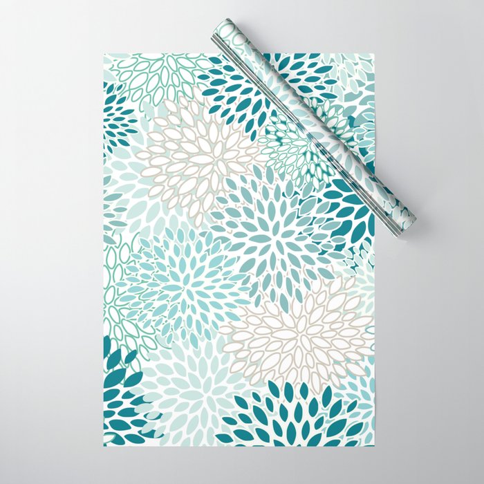 Floral Blooms in Teal, Aqua, Turquoise Wrapping Paper Gallery Image 1
