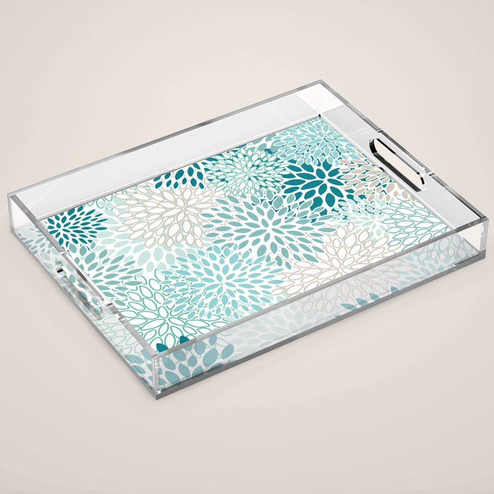 Floral Blooms in Teal, Aqua, Turquoise Acrylic Tray Gallery Image 1