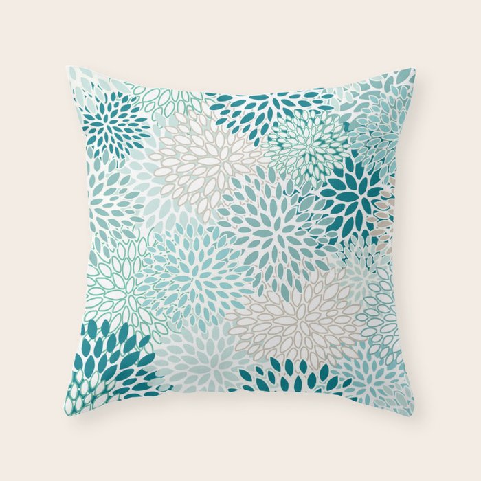 Floral Blooms in Teal, Aqua, Turquoise Throw Pillow Gallery Image 1