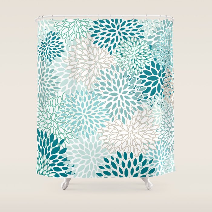 Floral Blooms in Teal, Aqua, Turquoise Shower Curtain Gallery Image 1