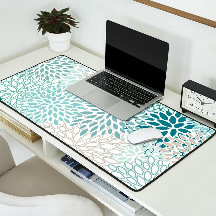 Floral Blooms in Teal, Aqua, Turquoise Desk Mat Gallery Image 2