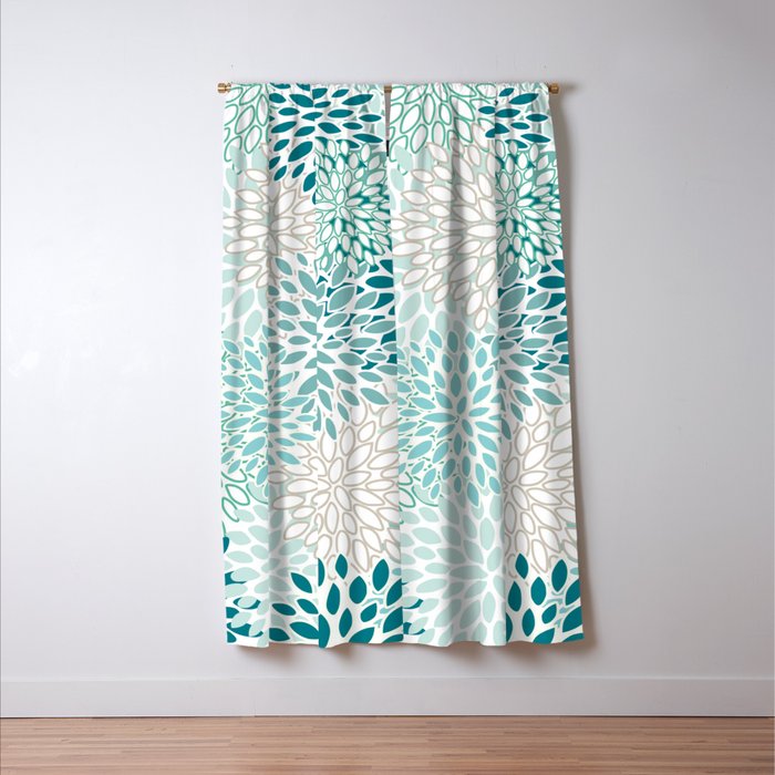 Floral Blooms in Teal, Aqua, Turquoise Window Curtain Gallery Image 3