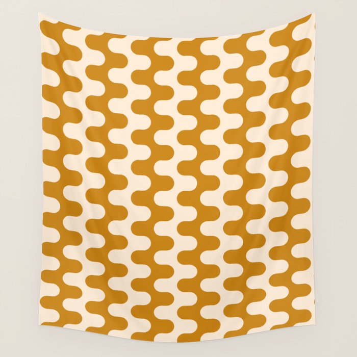 Retro Mid Century Modern Waves in  Yellow Ocher Wall Tapestry Gallery Image 1