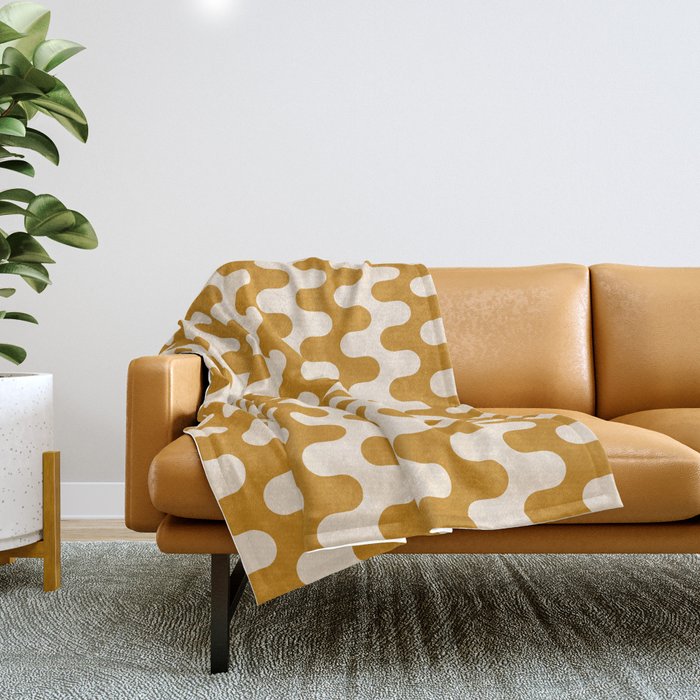 Retro Mid Century Modern Waves in  Yellow Ocher Throw Blanket Gallery Image 1