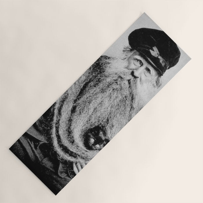 Kitten in the Beard of Old Man black and white photograph Yoga Mat Gallery Image 1