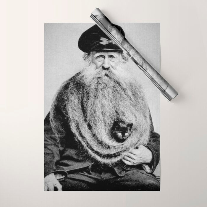 Kitten in the Beard of Old Man black and white photograph Wrapping Paper Gallery Image 1