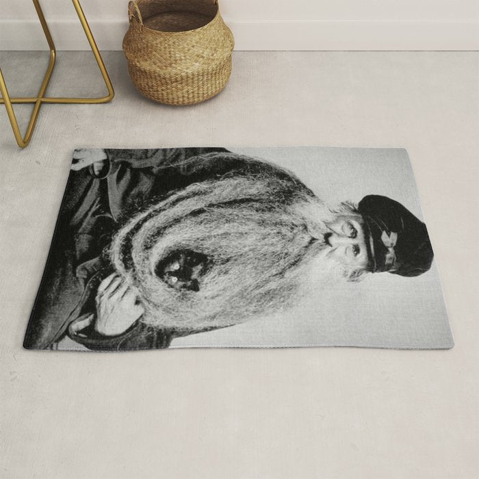 Kitten in the Beard of Old Man black and white photograph Rug Gallery Image 1