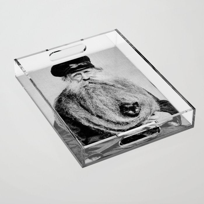 Kitten in the Beard of Old Man black and white photograph Acrylic Tray Gallery Image 1