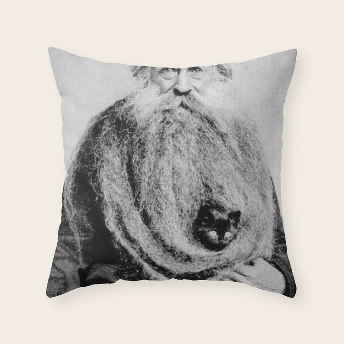 Kitten in the Beard of Old Man black and white photograph Throw Pillow Gallery Image 1