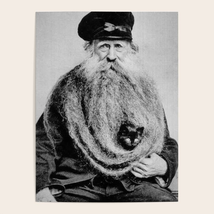 Kitten in the Beard of Old Man black and white photograph Poster Gallery Image 4