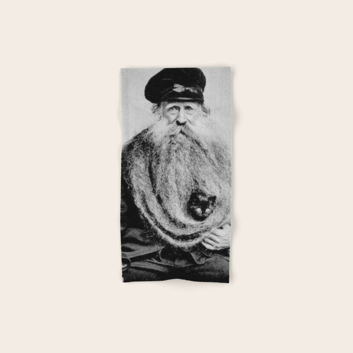 Kitten in the Beard of Old Man black and white photograph Bath Towel Gallery Image 1