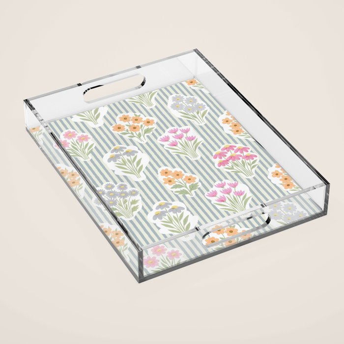 Ditsy Flower Sticker Bouquets on Blue and Cream Pinstripes Acrylic Tray Gallery Image 1