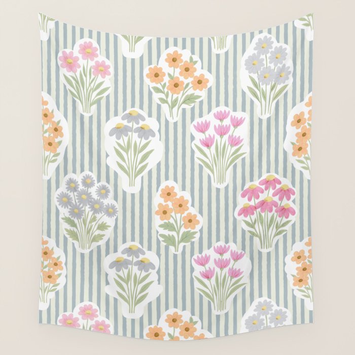 Ditsy Flower Sticker Bouquets on Blue and Cream Pinstripes Wall Tapestry Gallery Image 4