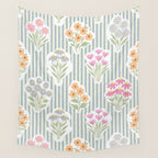 Ditsy Flower Sticker Bouquets on Blue and Cream Pinstripes Wall Tapestry Gallery Image 4