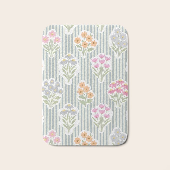 Ditsy Flower Sticker Bouquets on Blue and Cream Pinstripes Bath Mat Gallery Image 1