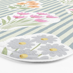 Ditsy Flower Sticker Bouquets on Blue and Cream Pinstripes Bath Mat Gallery Image 3
