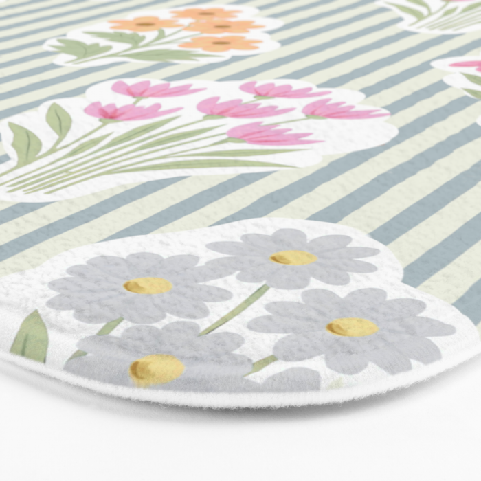 Ditsy Flower Sticker Bouquets on Blue and Cream Pinstripes Bath Mat Gallery Image 3