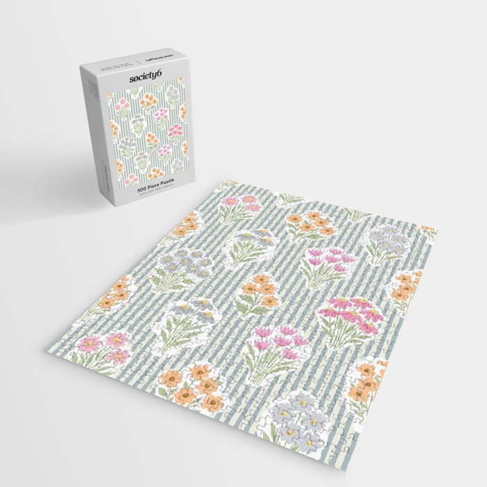 Ditsy Flower Sticker Bouquets on Blue and Cream Pinstripes Jigsaw Puzzle Gallery Image 2