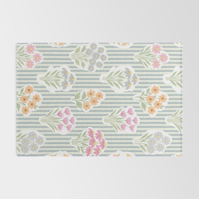 Ditsy Flower Sticker Bouquets on Blue and Cream Pinstripes Rug Gallery Image 2