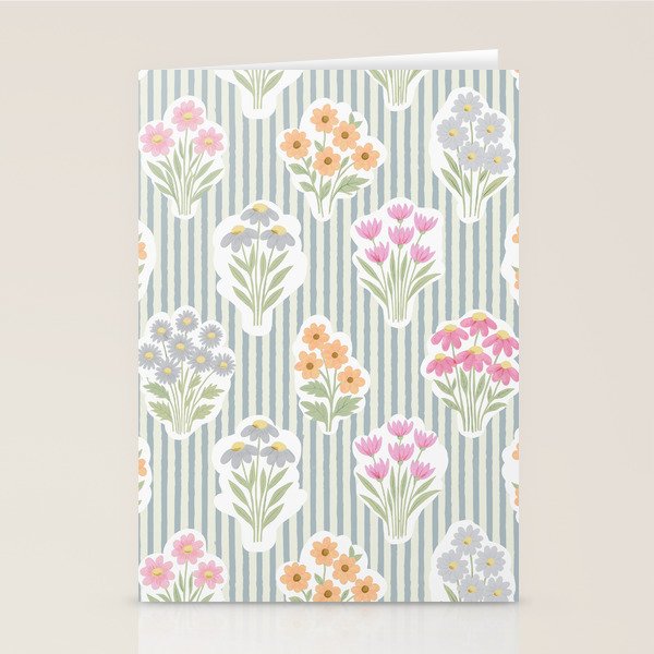 Ditsy Flower Sticker Bouquets on Blue and Cream Pinstripes Stationery Card Gallery Image 2