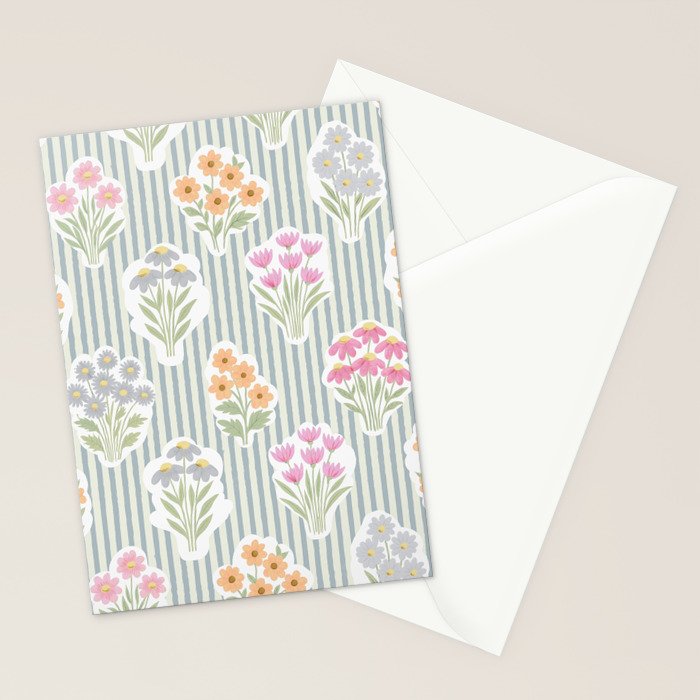 Ditsy Flower Sticker Bouquets on Blue and Cream Pinstripes Stationery Card Gallery Image 2
