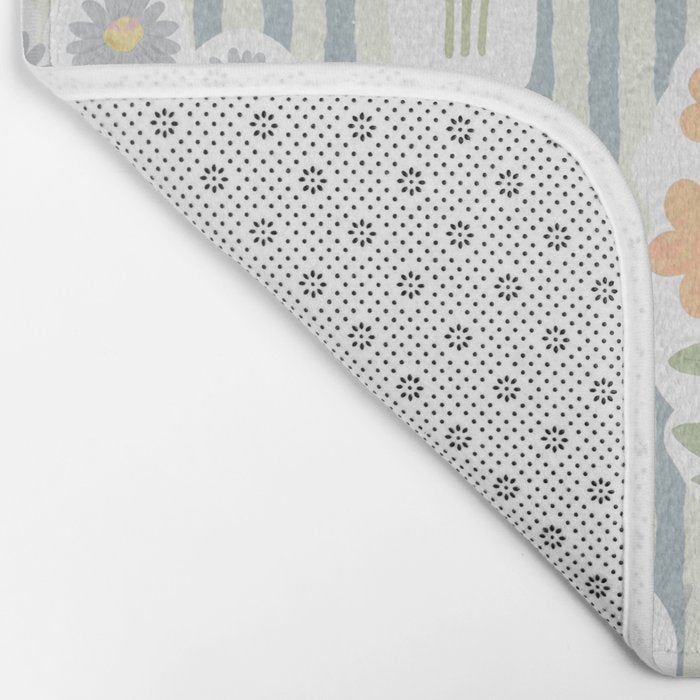 Ditsy Flower Sticker Bouquets on Blue and Cream Pinstripes Bath Mat Gallery Image 2