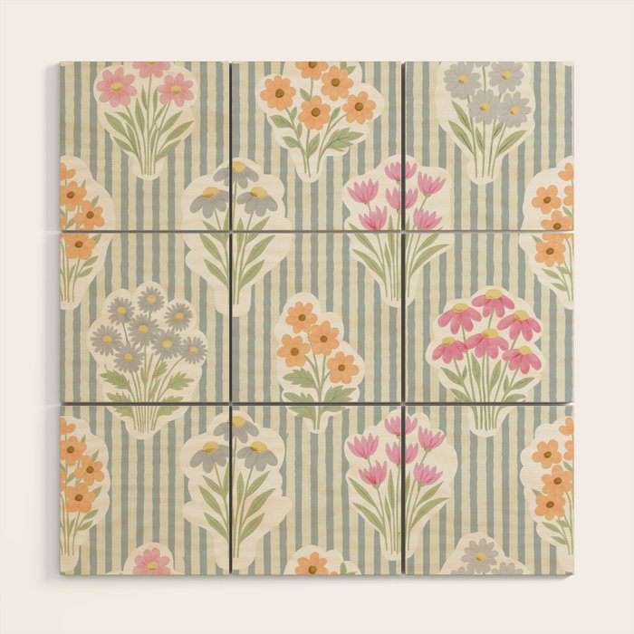 Ditsy Flower Sticker Bouquets on Blue and Cream Pinstripes Wood Wall Art Gallery Image 1