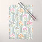 Ditsy Flower Sticker Bouquets on Blue and Cream Pinstripes Wrapping Paper Gallery Image 1