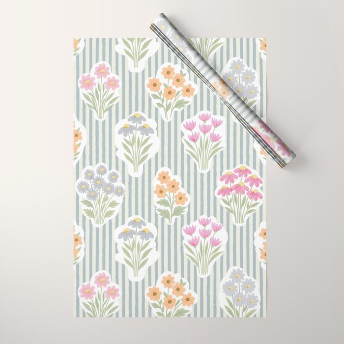 Ditsy Flower Sticker Bouquets on Blue and Cream Pinstripes Wrapping Paper Gallery Image 1