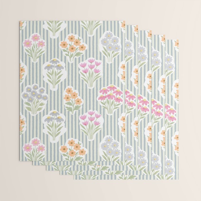 Ditsy Flower Sticker Bouquets on Blue and Cream Pinstripes Wrapping Paper Gallery Image 3