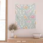 Ditsy Flower Sticker Bouquets on Blue and Cream Pinstripes Wall Tapestry Gallery Image 2