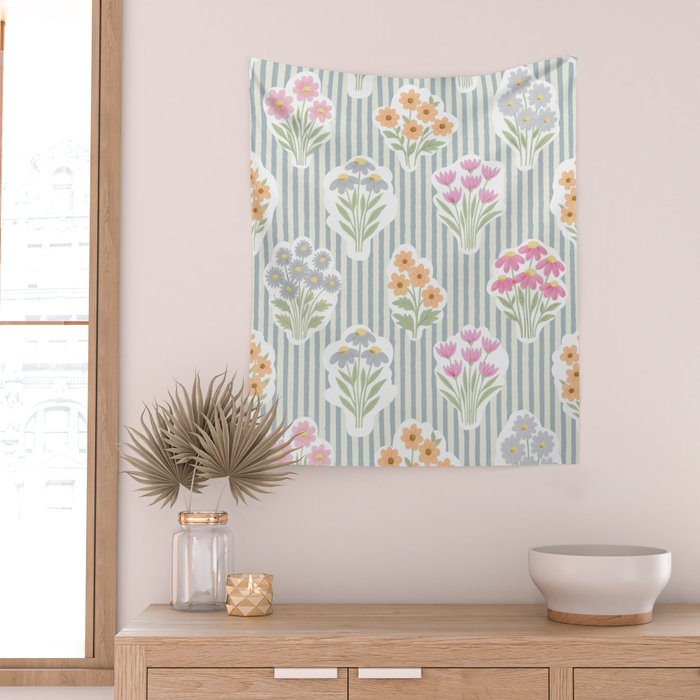 Ditsy Flower Sticker Bouquets on Blue and Cream Pinstripes Wall Tapestry Gallery Image 2