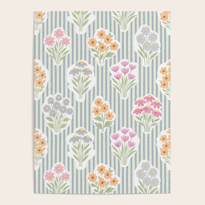 Ditsy Flower Sticker Bouquets on Blue and Cream Pinstripes Poster Gallery Image 4