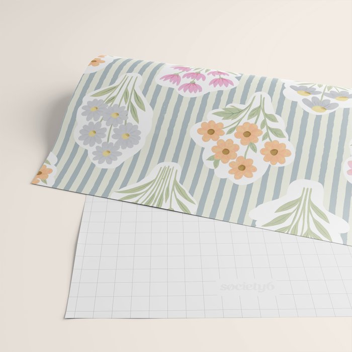 Ditsy Flower Sticker Bouquets on Blue and Cream Pinstripes Wrapping Paper Gallery Image 2